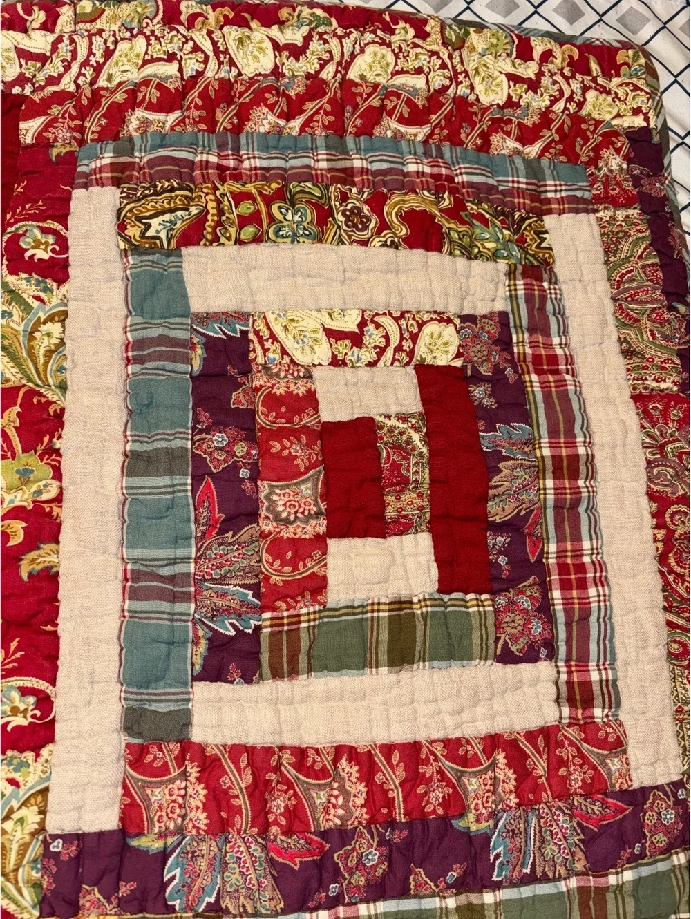Vintage 2009 Pottery Barn Log Cabin Patchwork Pillow Shams Set Red Plaid Paisley